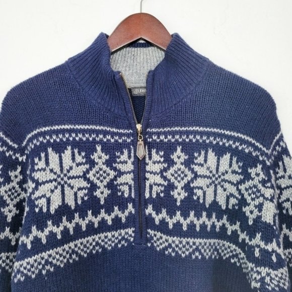 ST.JOHN’S Bay Wool Fair Isle Sweater Medium Navy Snowflake Half Zip Pullover - Picture 3 of 10